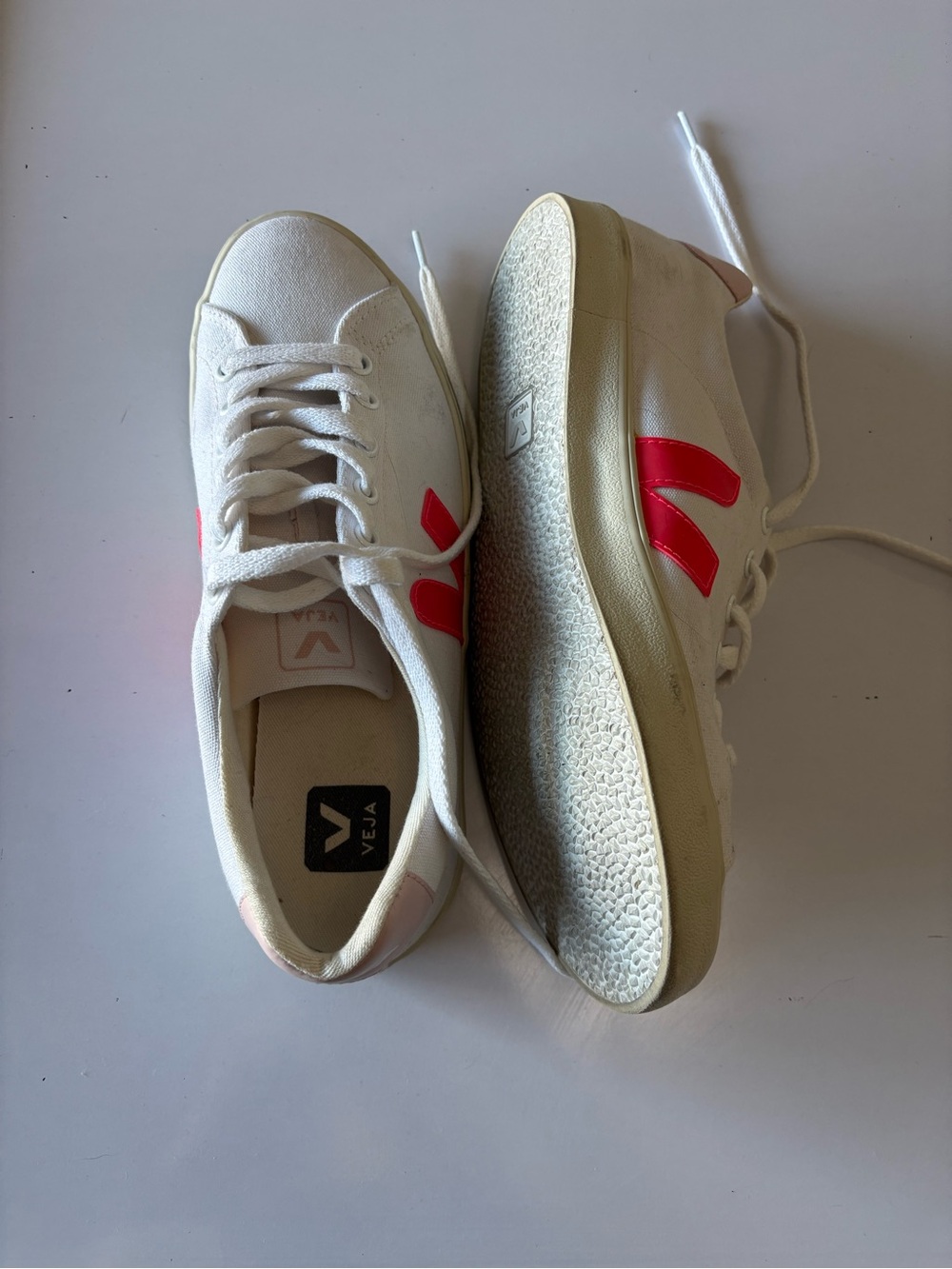 Veja White Canvas Sneakers with Pink V Logo